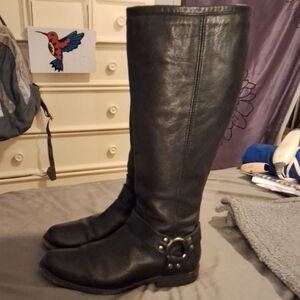 Frye Phillip Harness Black Leather Heeled Boots